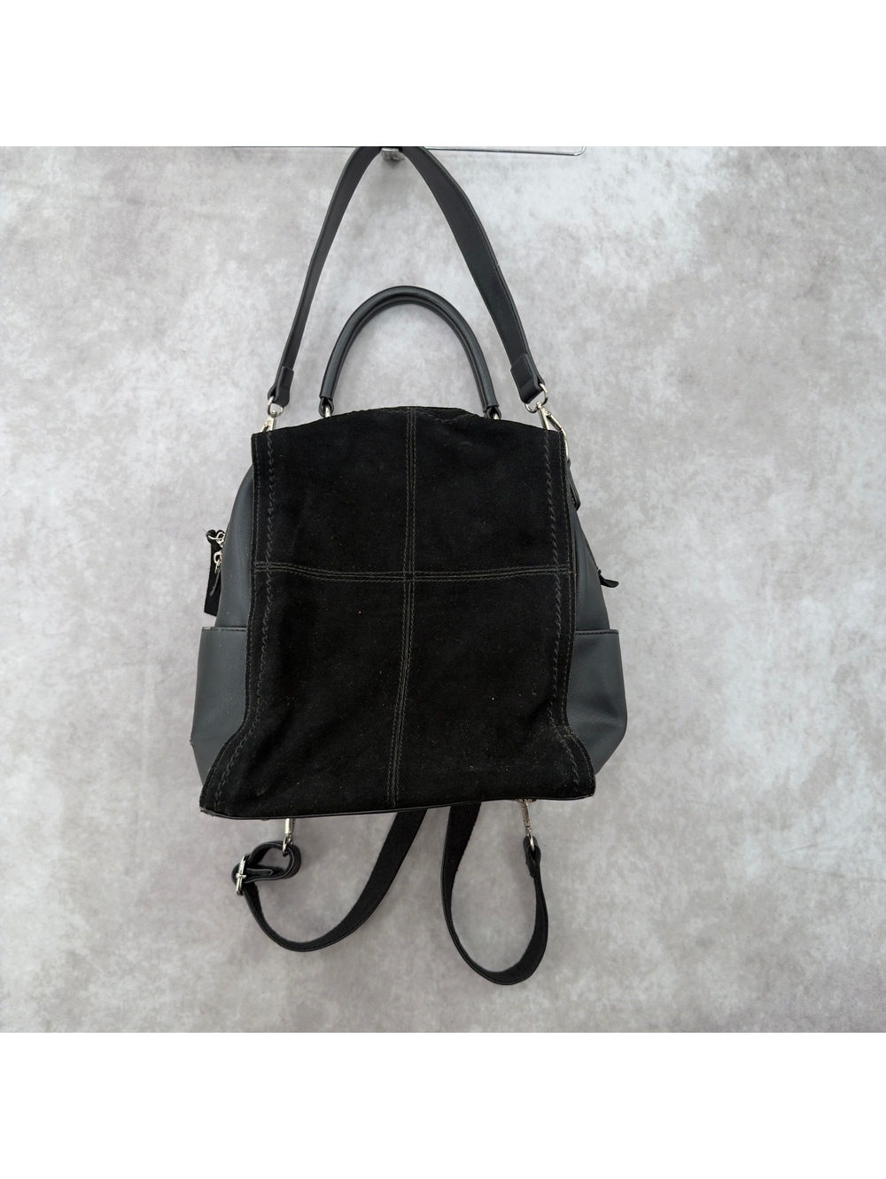 Moda Luxe Black Suede Leather Mini Backpack Purse Grunge Y2K Mixed Media